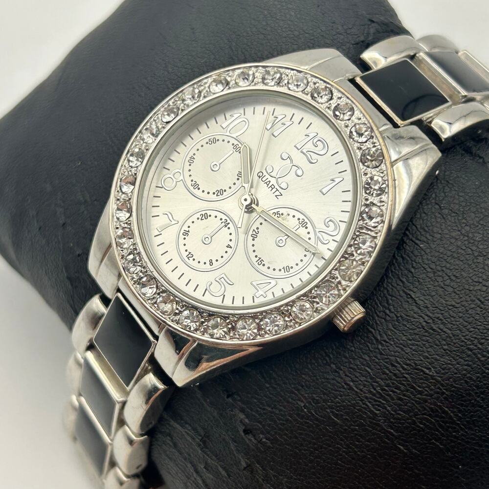 Charming Charlie Silver and Black Crystal Bezel Watch Working New Battery